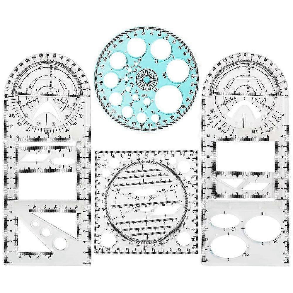 4 Pcs Multifunctional Geometric Ruler Drawing Tools Plastic Ruler Set Mathematics Measuring Circle