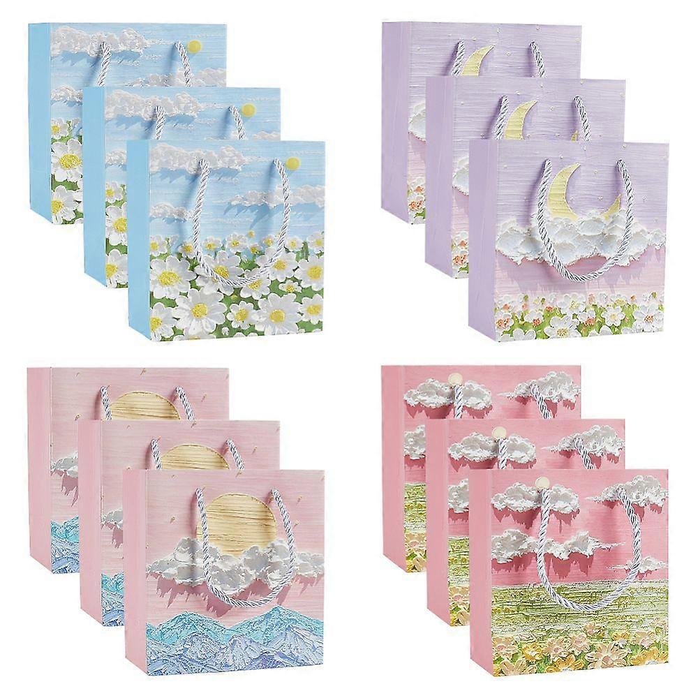 24Pcs 4 Styles Paper Gift Bags with Polyester Handles Shopping Bags Rectangle with Moon & Flower & Cloud & Sun Pattern Mixed Color 14.1x7.3x15cm 6pcs/