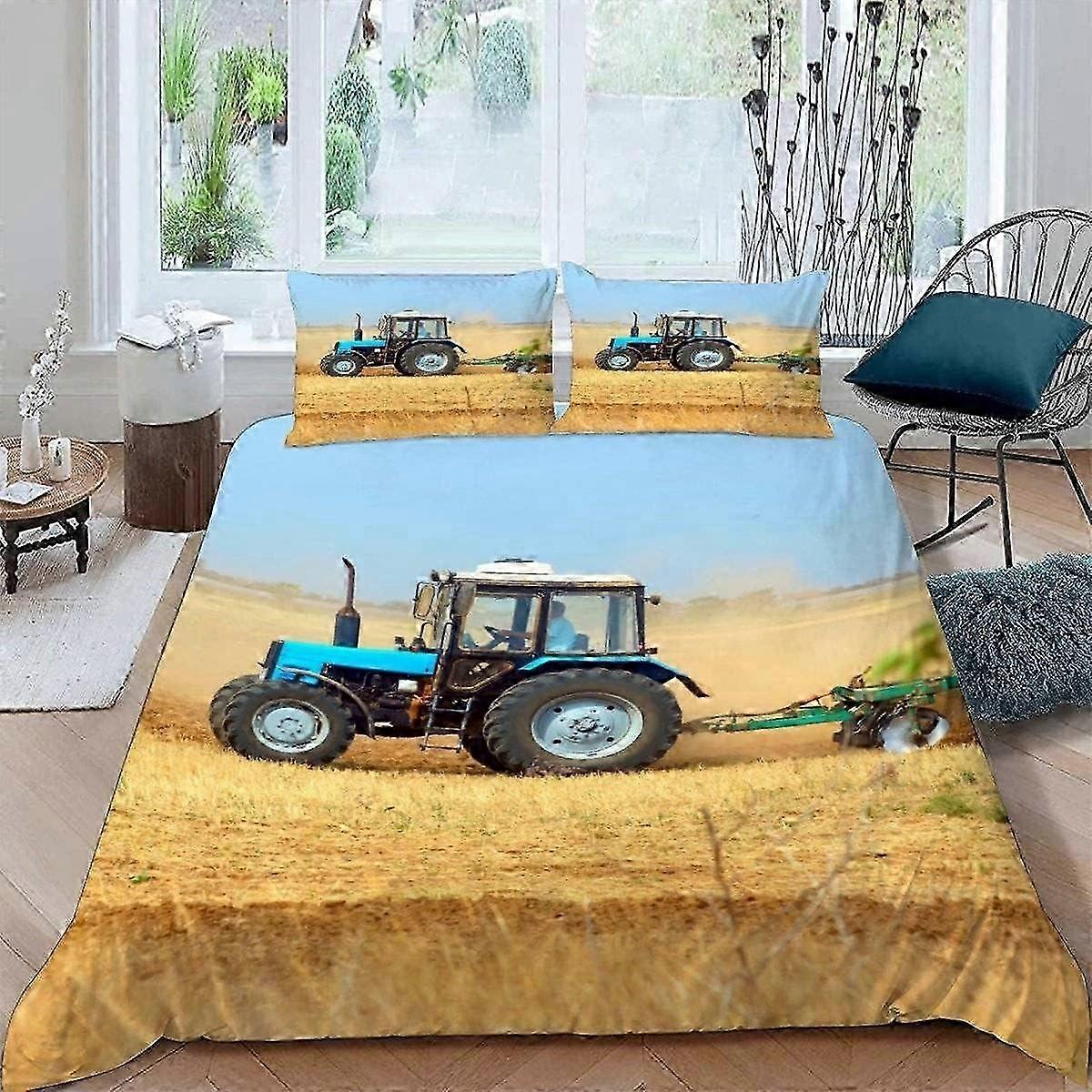 Conjunto de Capa de Edredom Único para Trator 3D J3973 3 Peças 135x200 Capa de Colcha de Colheitadeira de Microfibra Macia com Fecho de Zíper Fácil de Cuidar B