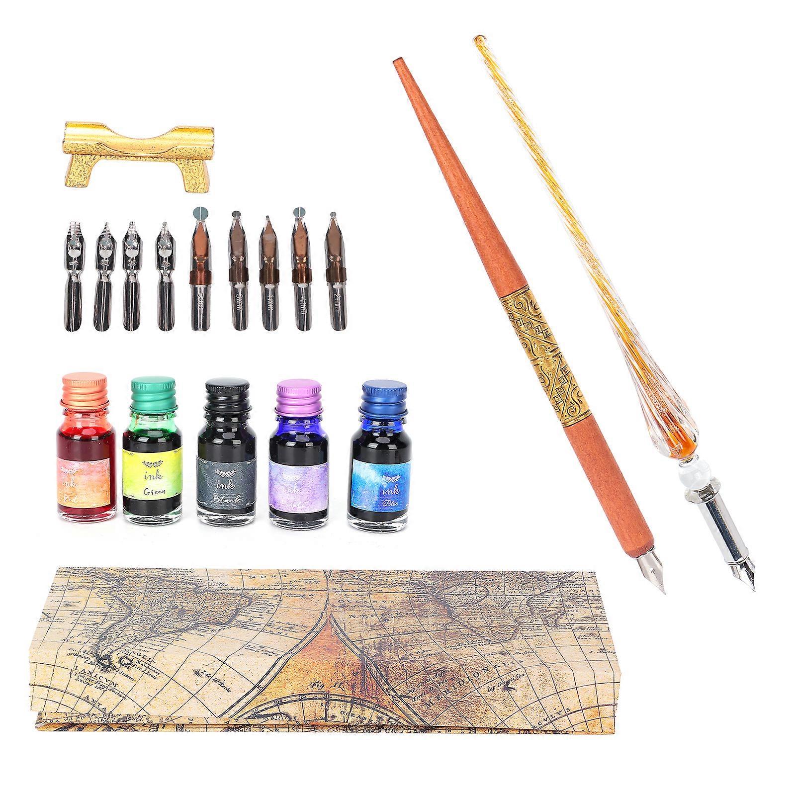 Brown Gold Dip Pen Kit: Flat Round Nib with Ink Holder for Calligraphy