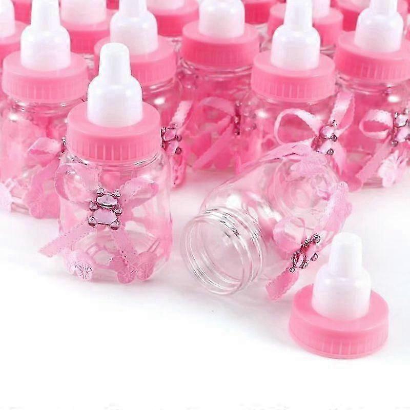 24xミニ哺乳瓶キャンディーボックス4x9cmラインストーンピンククマギフト好意キャンディーボックス女の子の赤ちゃんの洗礼
