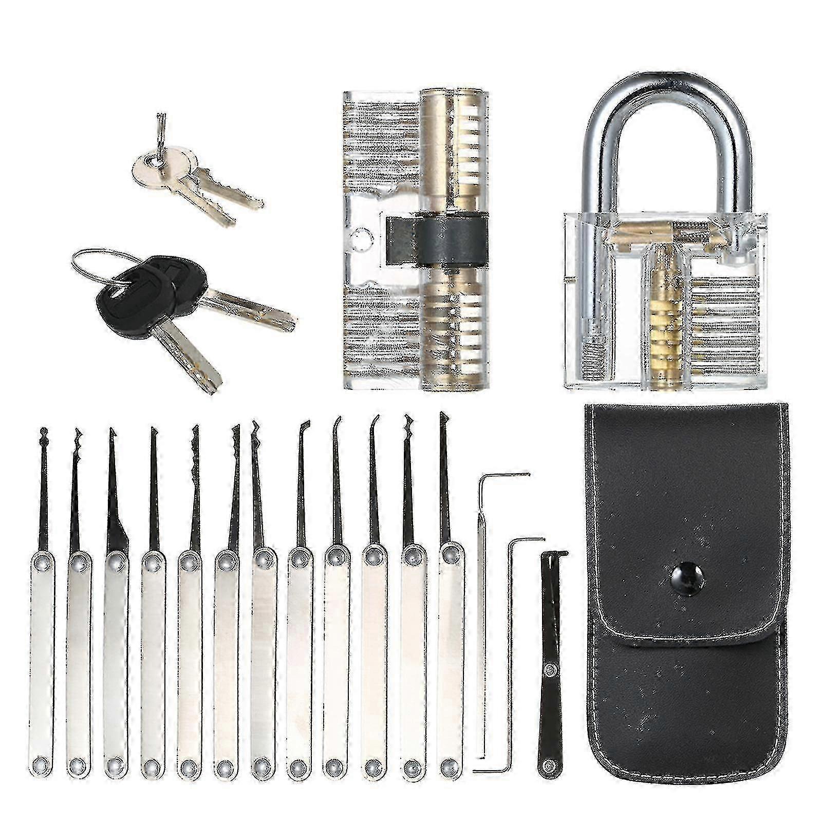 Transparent Lock Picking Set with 15 Tools & 2 Practice Padlocks for Locksmiths, Beginners & Professionals