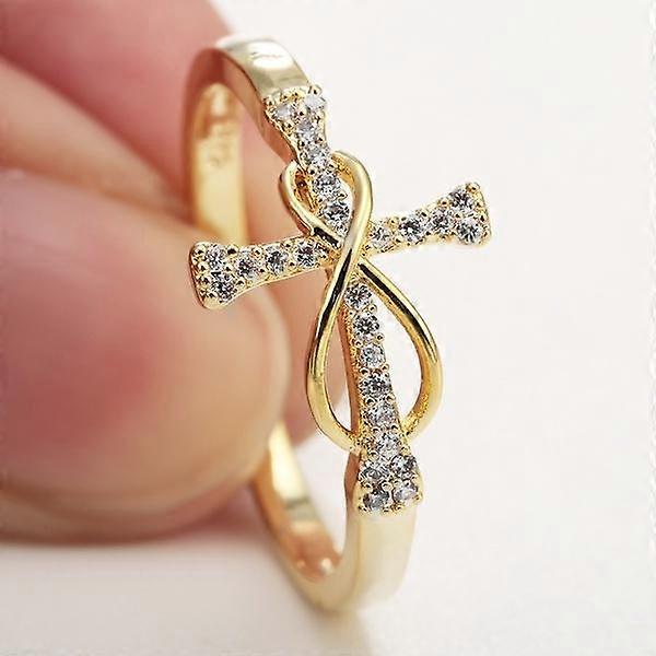 Women's Yellow Gold Color Luck "8" Infinity Cross Topaz Promise Ring Size 6 7 8 9 10