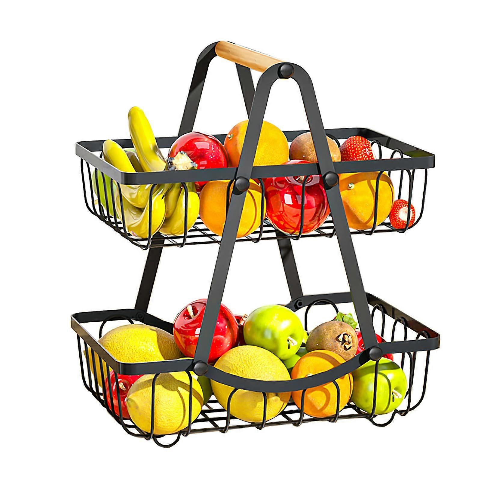 2 Tier Countertop Fruit Basket - Portable Metal Storage with Handle for Fruits, Vegetables, Bread, and Snacks Organization