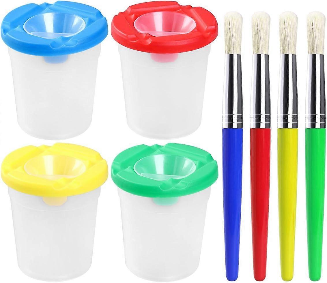 4Pcs No Spill Paint Cups With Color Lids And 4 Pcs Painting Brushes Assorted Color