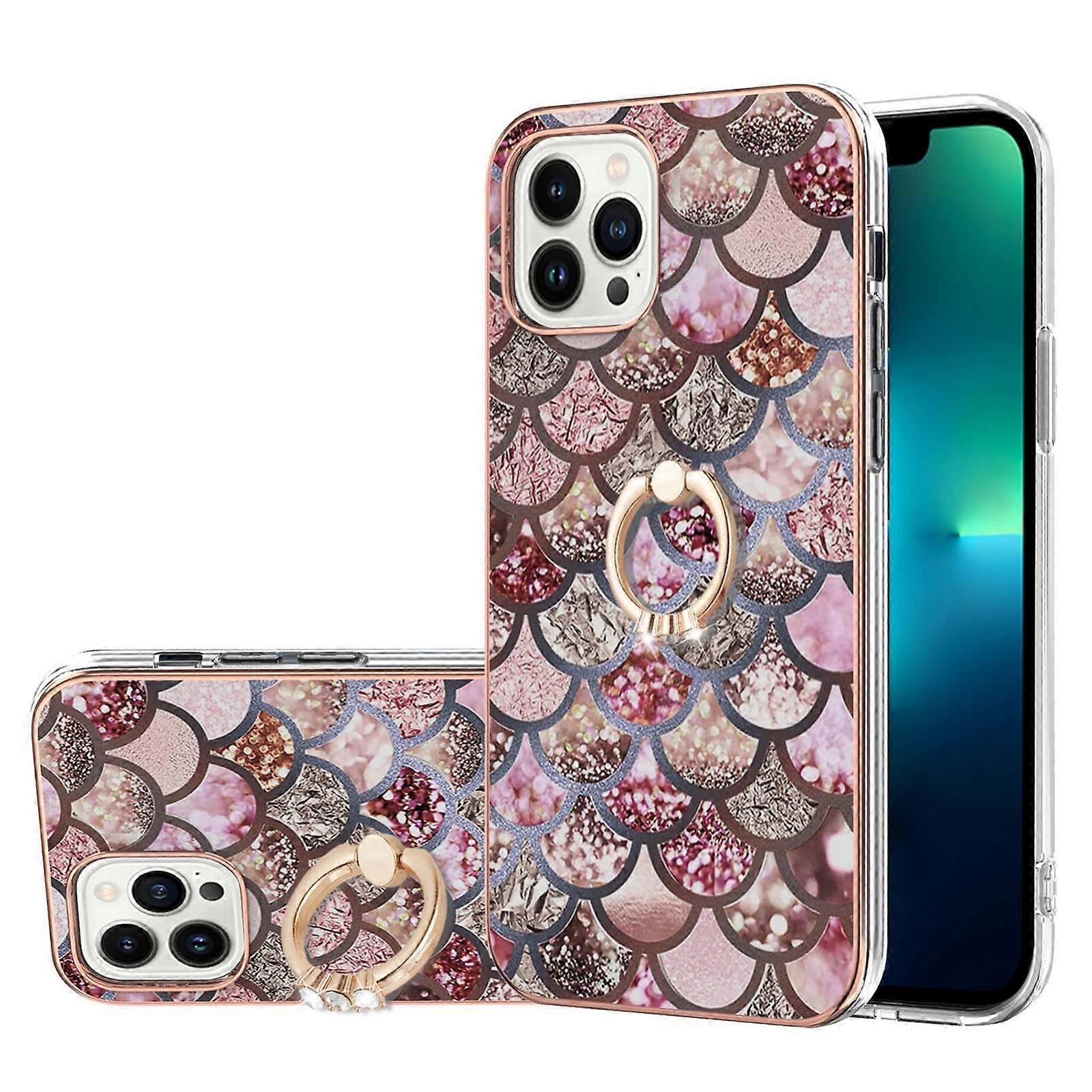 For iPhone 16 Pro Electroplating Pattern IMD TPU Shockproof Case with Rhinestone Ring Holder