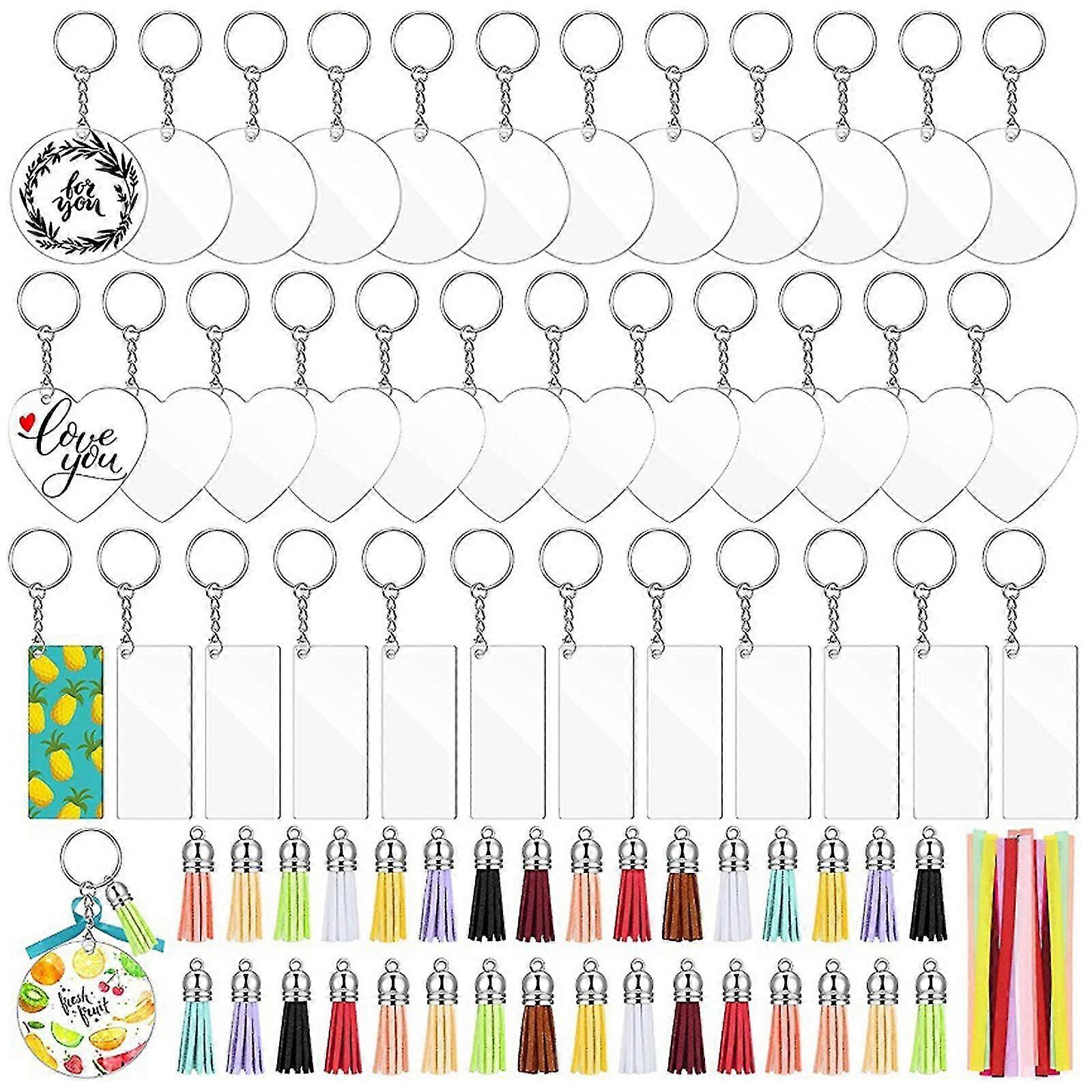 144pcs Blank Keyring Charms Kit Colorful Leather Tassels Clear Acrylic Keychains