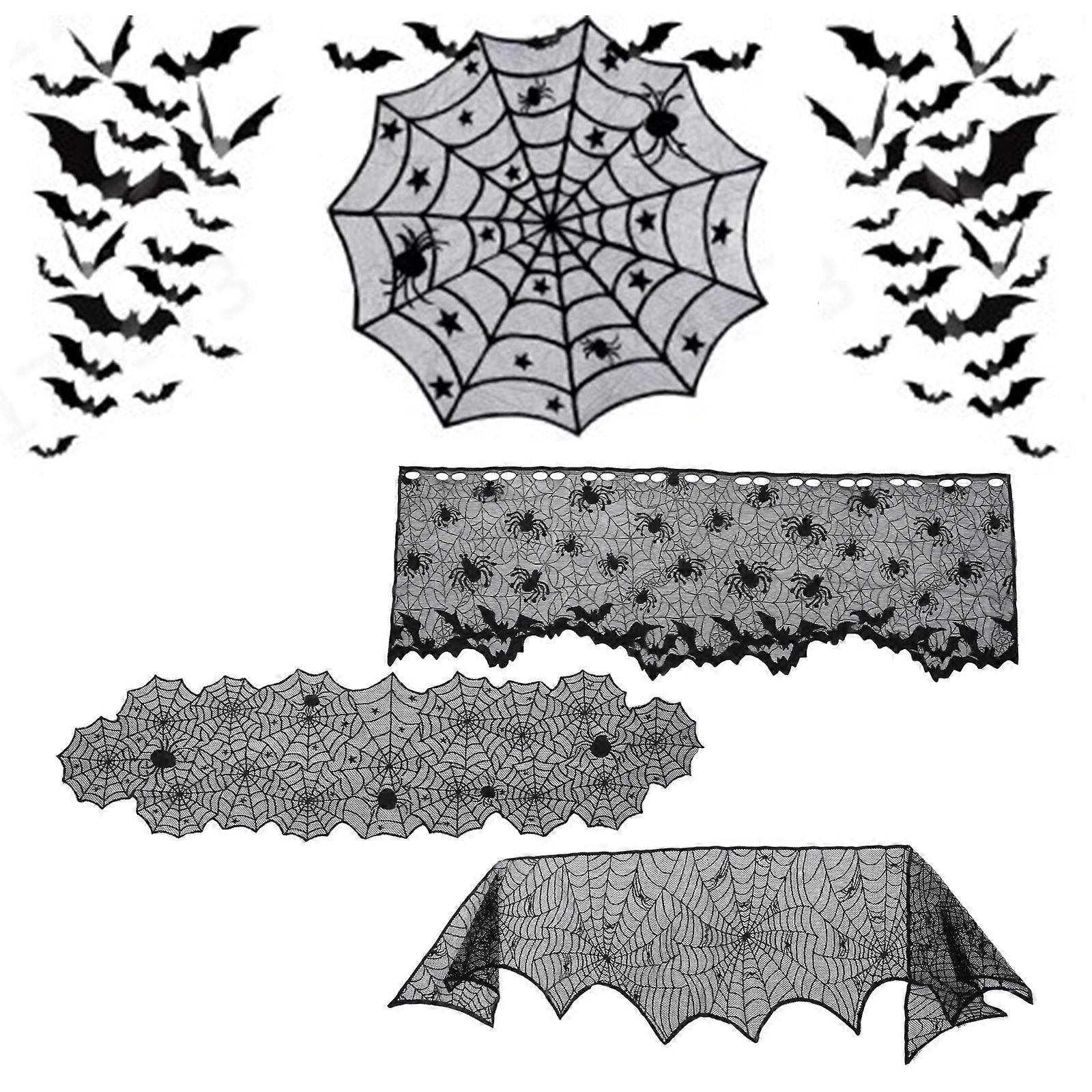 Halloween Table Runner Set Fireplace Cloth Round Tablecloth Bats Curtain Lampshade for Halloween Party Decoration Props