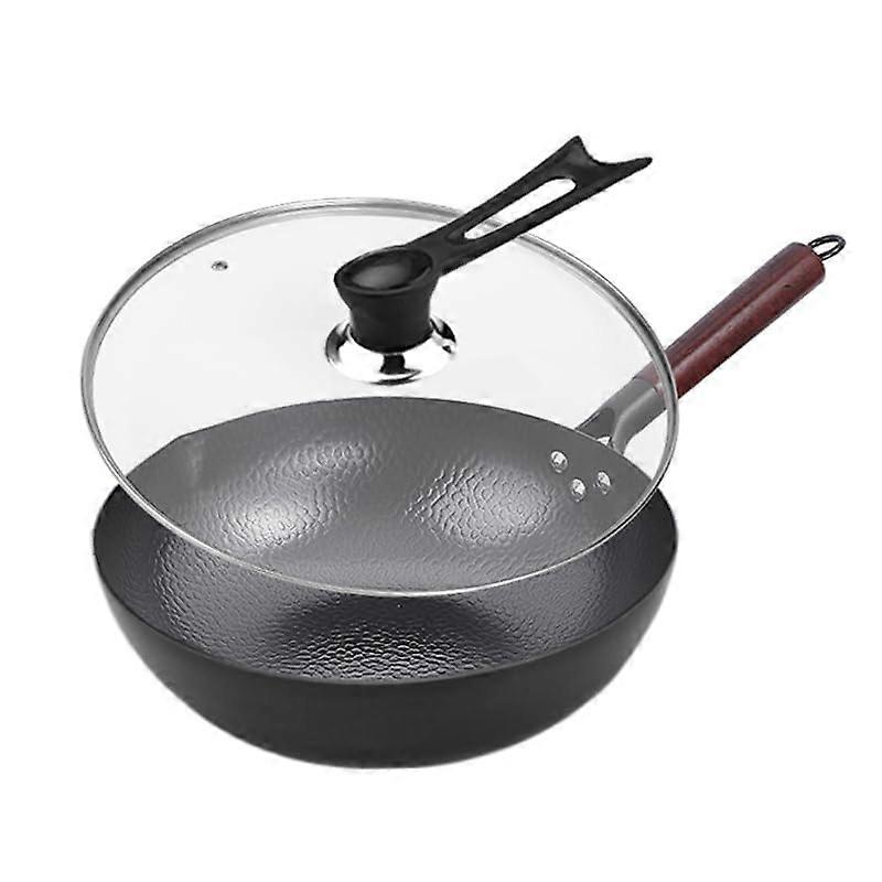 Wok with Lid 32 cm Cast Iron Wok Pans: Wok for All Hob Types Forged Iron Pan No Chemical Coating Rustproof and Easy to Clean Ref: 2266