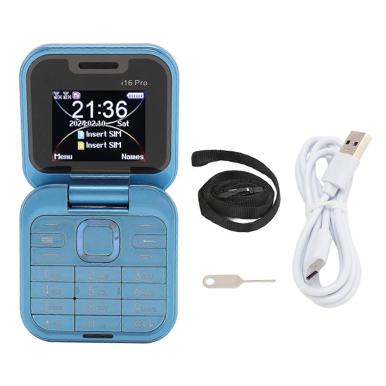 I16pro Small Flip Phone for Kids & Seniors, Dual SIM, 16GB, HD Camera, Blue
