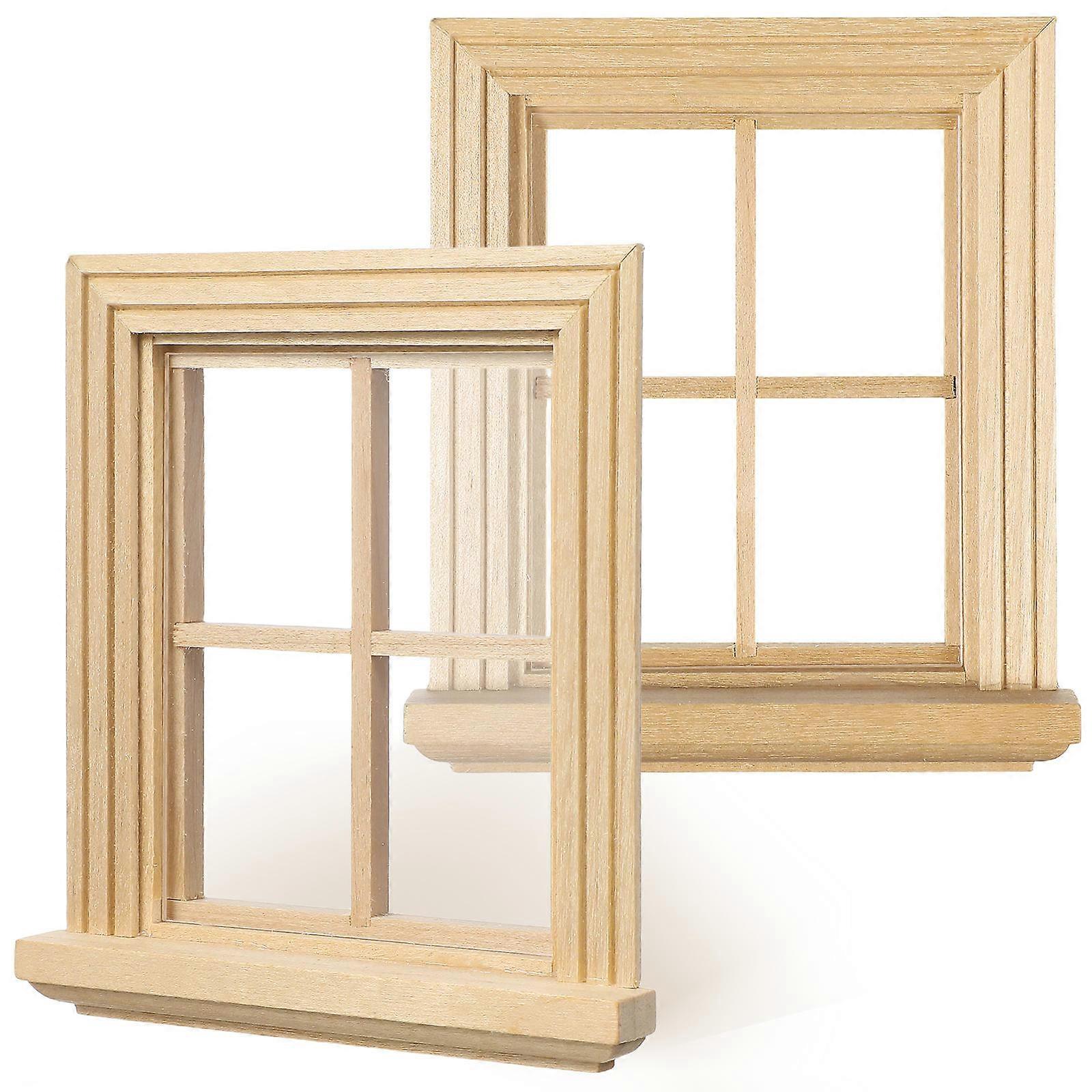 Mini House Decor Miniature Window Frame Models Unfinished Dollhouse Window Rustic Style 2Pcs