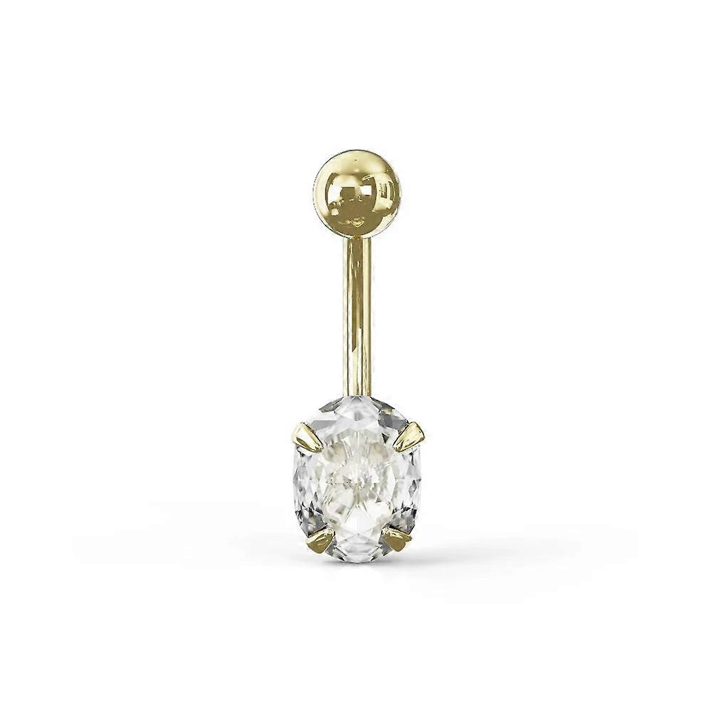 14K Solid Yellow Gold Oval Cz Jewelled Internally Threaded Belly Ring