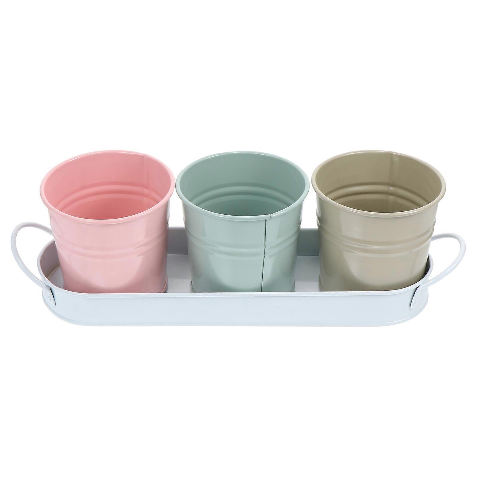 Flower Bucket Planter Pots Iron Bucket Planter Pot with Tray Gardeners Storage Container 11.6X3.9X3.9in 1 Set