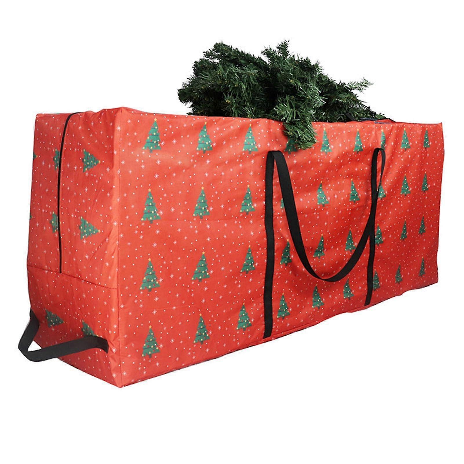 Holiday Decoration Organizer Bag, Waterproof Oxford Fabric, Christmas Tree Pattern, Durable with Zipper and Handles, Red