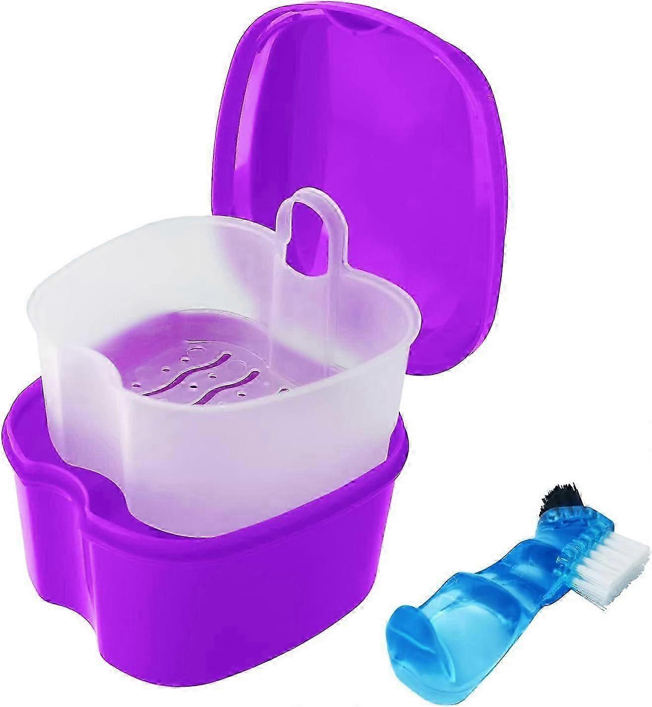 Denture Bath Case with Brush - Purple Waterproof Holder