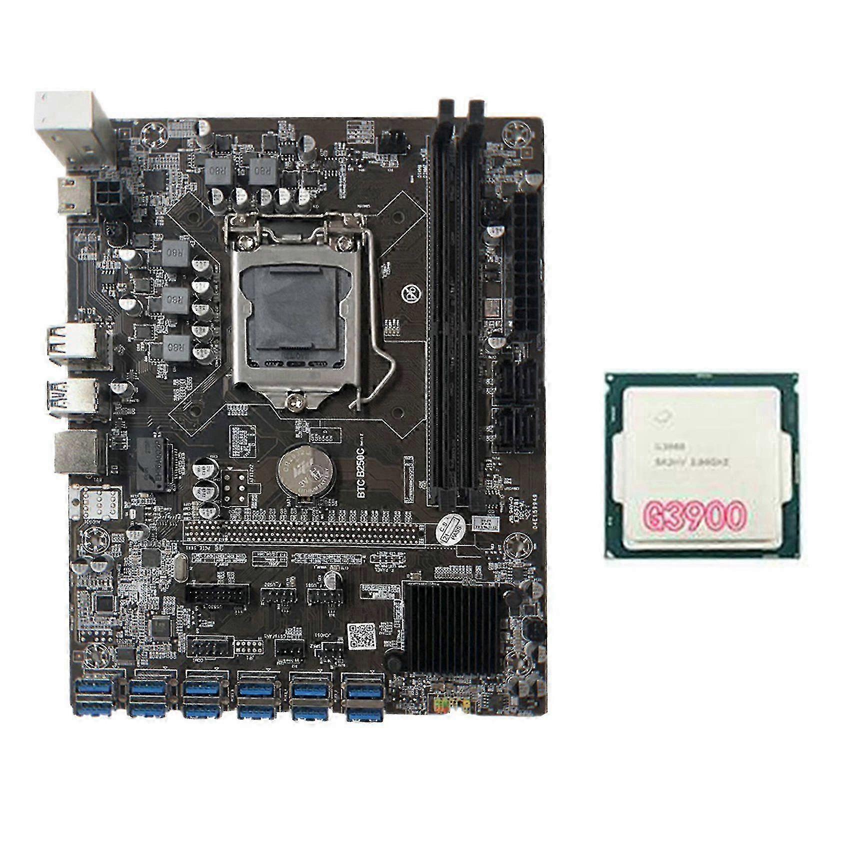 B250C BTC Mining Motherboard with G3900 CPU 12X PCIe to USB 3.0 Graphics Card Slot LGA1151 Compatible