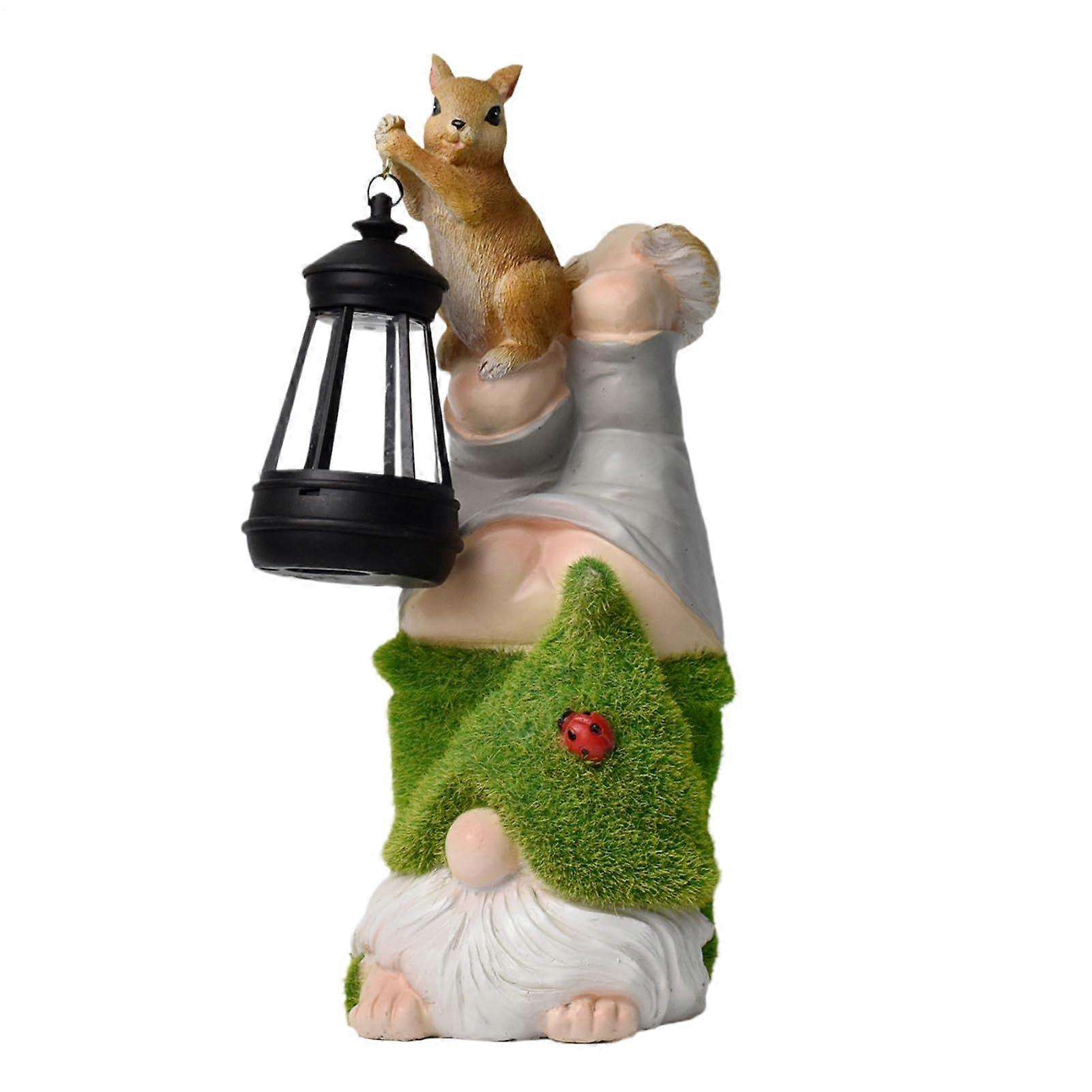 SolarPowered Garden Gnomes with Squirrel and Lantern Funny Resin Figurine