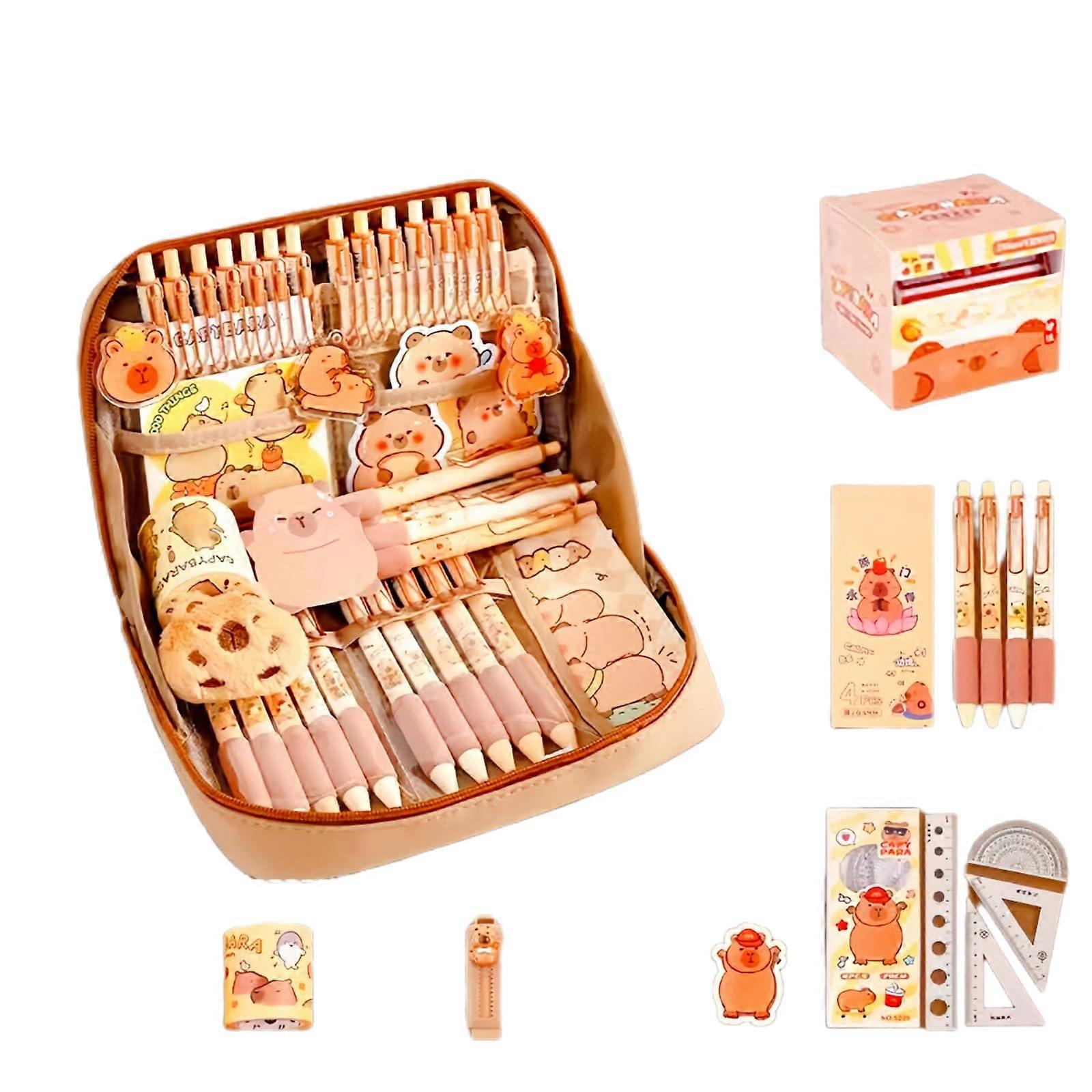 Capybara Stationery Set, Aesthetic Capybara Stationery with Pens, Clips, Rulers and More, Stationery Gift Set for Children, Capybara Pencil Case Style