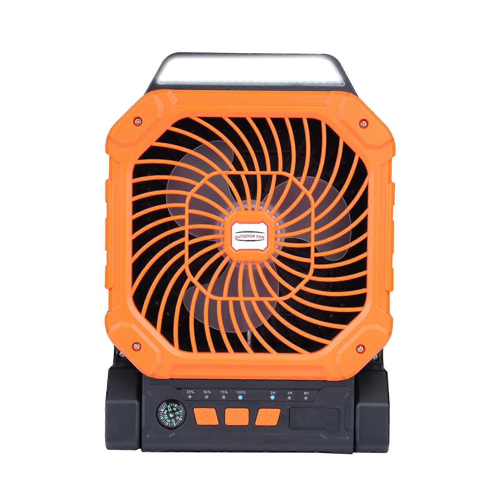 Portable Solar Power Fan With LED Light 4Adjustable Speeds Timer Function For Outdoor Camping Fishing Tent Use Coolers  Orange