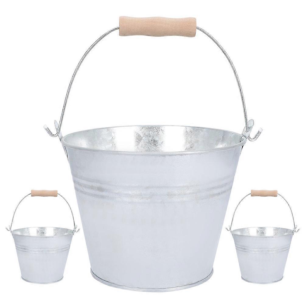 Silver Iron and Wood Storage Bucket with Handle Design for Indoor Outdoor Use Large Capacity
