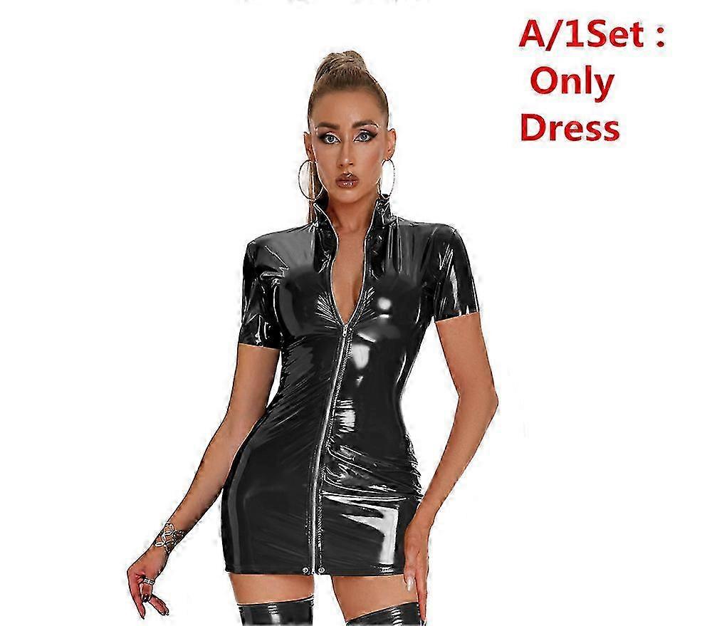 فستان لاتكس مثير بمظهر رطب للنساء - ملابس لامعة Bodycon مع سحاب وأكمام قصيرة