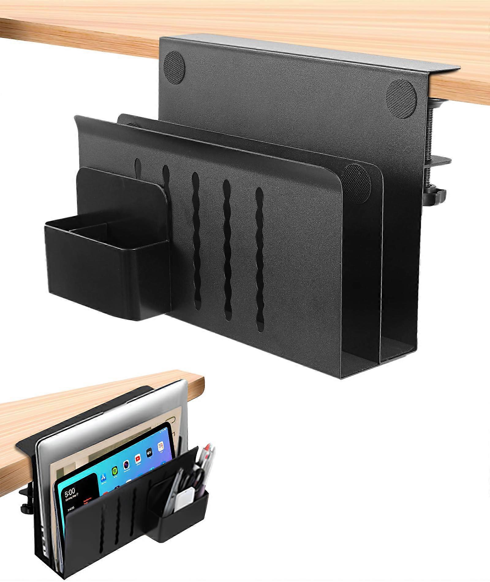 Double Layer Desk Side Storage with Magnetic Pen Holder, No Drill, Black