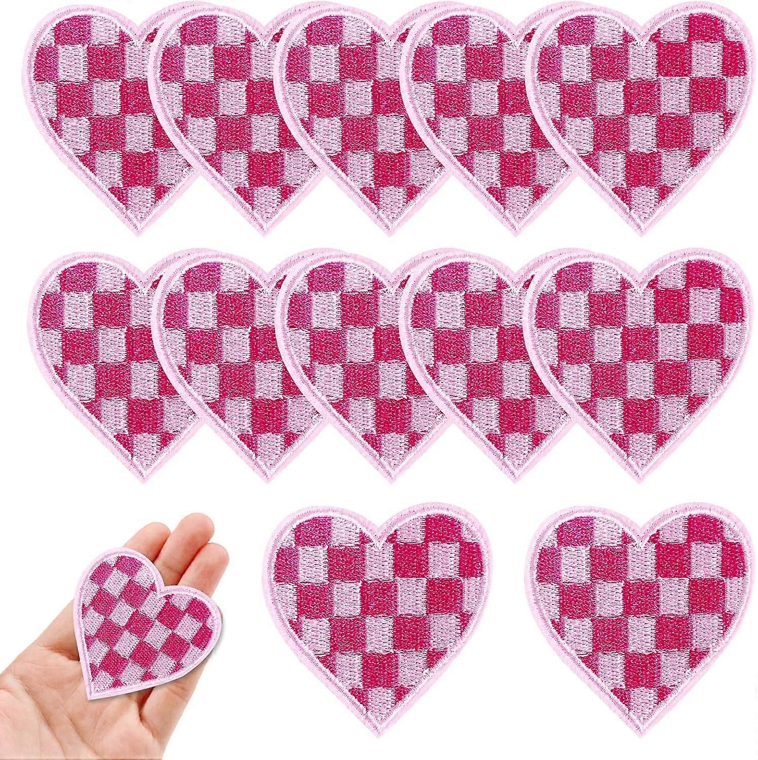 12pcs Heart Iron On Patches for Hats, Checkered Embroidery Patches Sew