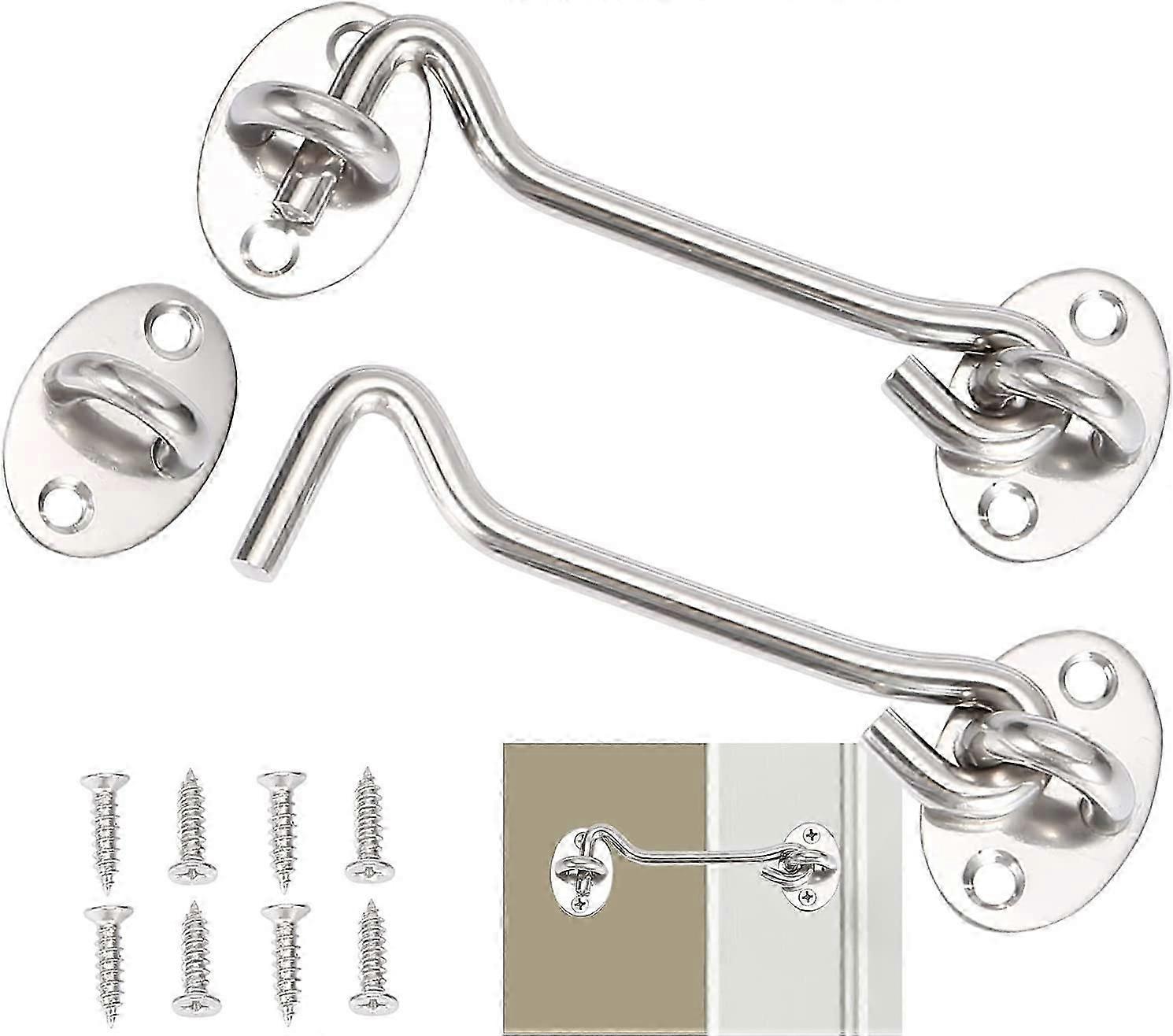 2 قطعة هوك المقصورة ، خطاف مزلاج الباب ، قفل خطاف الباب الفضي من الفولاذ المقاوم للصدأ ، مع مسامير تصاعد ، للنافذة ، باب الحظيرة ، باب السقيفة ، باب المرآب (10 سم)