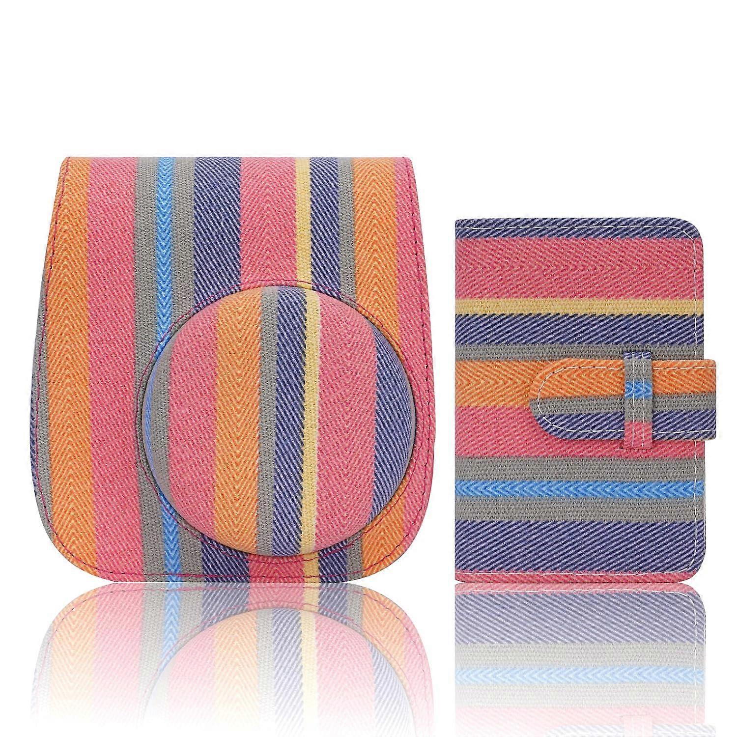 Camera Case PU Leather Bag with 28 Pockets Mini Photo Album and Adjustable Strap Color Stripes for Fujifilm Instax Mini 12 11 9 8 8+