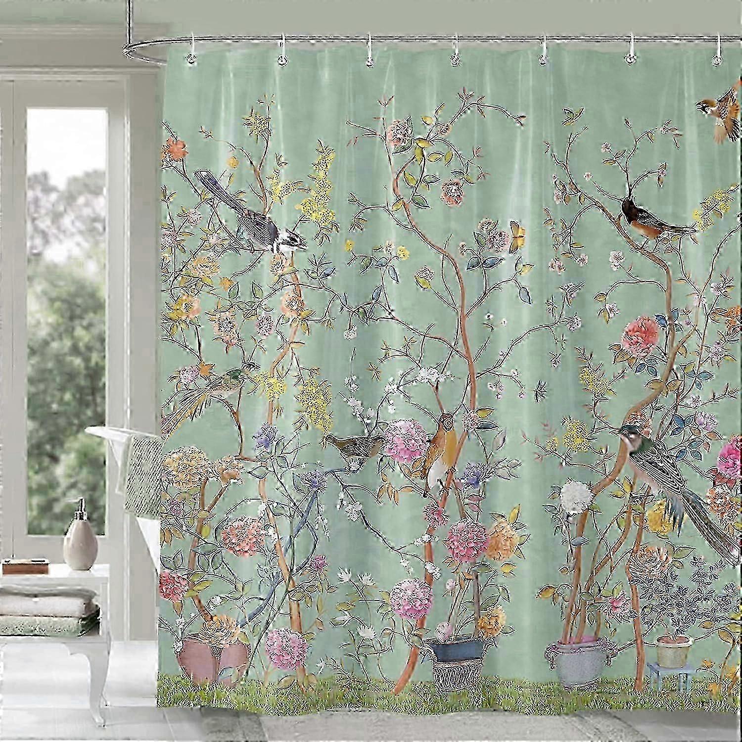シャワーカーテングリーンカビプルーフ耐性防水バードフローラルバスルームカーテン速乾性重量180x180cm(71x71インチ)グリーンバードフローラル