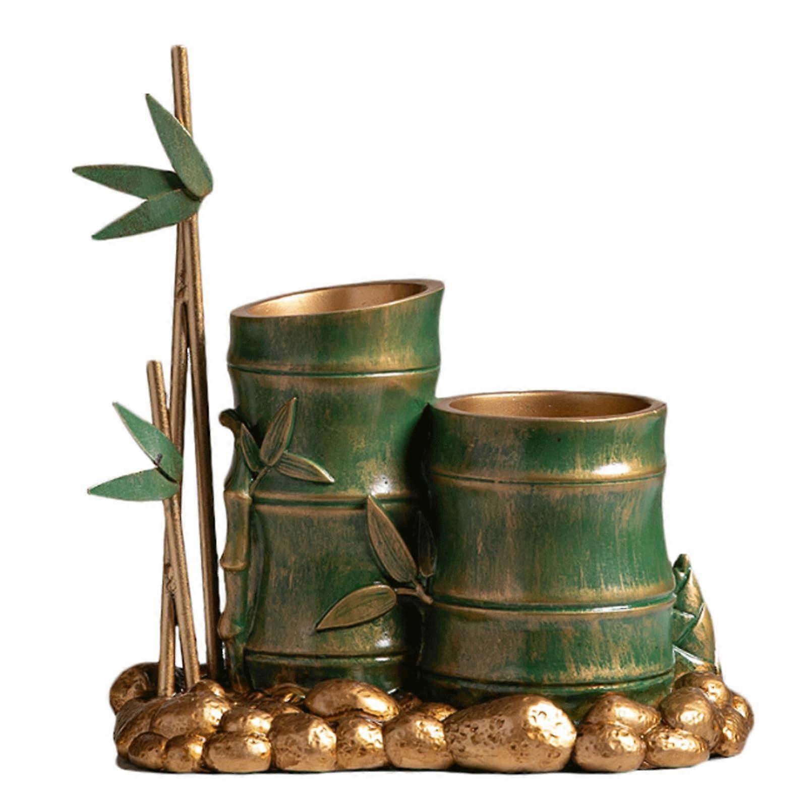 Pen Holder Bamboo Resin Desk Decor, Retro Chinese Study Ornament, Compact Desktop Size, SpaceSaving, Green