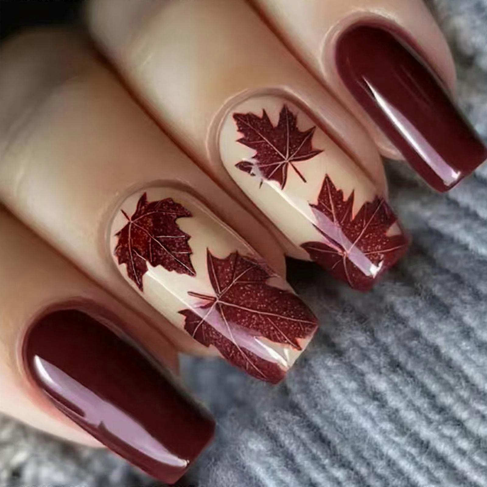 Autumn Winter False Nail 24Pcs Glossy Maple Leaf No Tools Needed Comfortable Daily Wear Multicolor