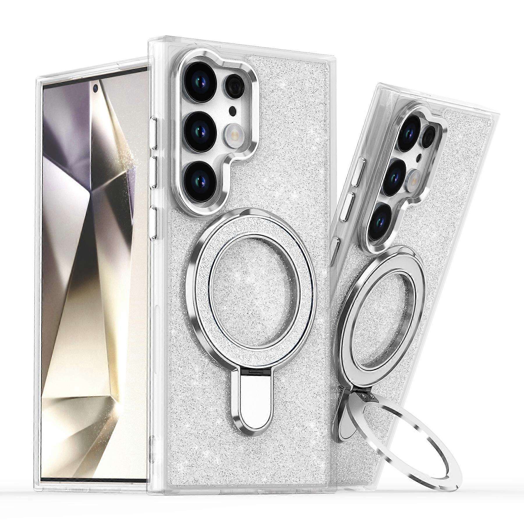 Luxury Glitter Metal Stand Magnetic Clear Case For Samsung Galaxy S25 S24 S23 Ultra S24FE S23FE A56 A36 A26 A16 Magsafe Cover
