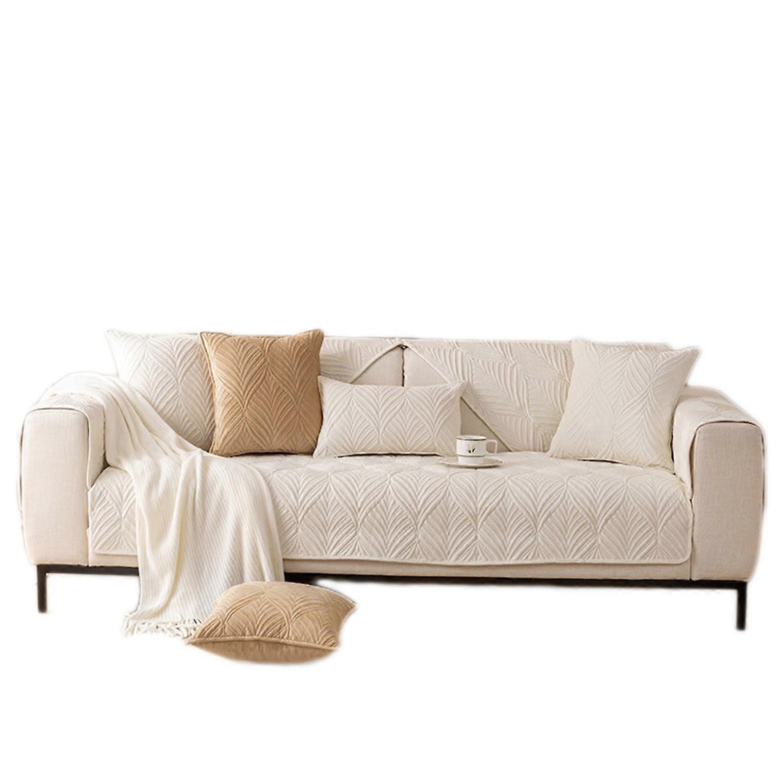 Solid Color Plush Sofa Cushion Non Slip Sofa Cover Beige 90x120 Cm Scarf