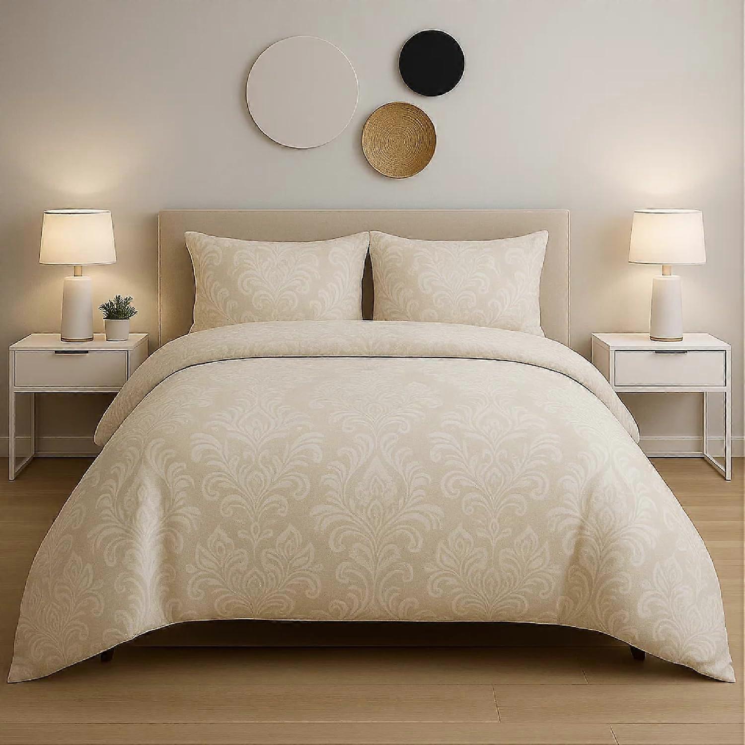 Damask Duvet Cover Set Beige Double - Lightweight Soft Microfibre All-Season Bedding with 2 Pillow Cases