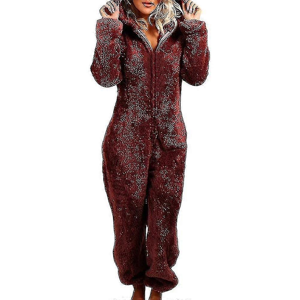 Kvinnor Vinter Fluffig Fleece Huva Allt I En Jumpsuit-9