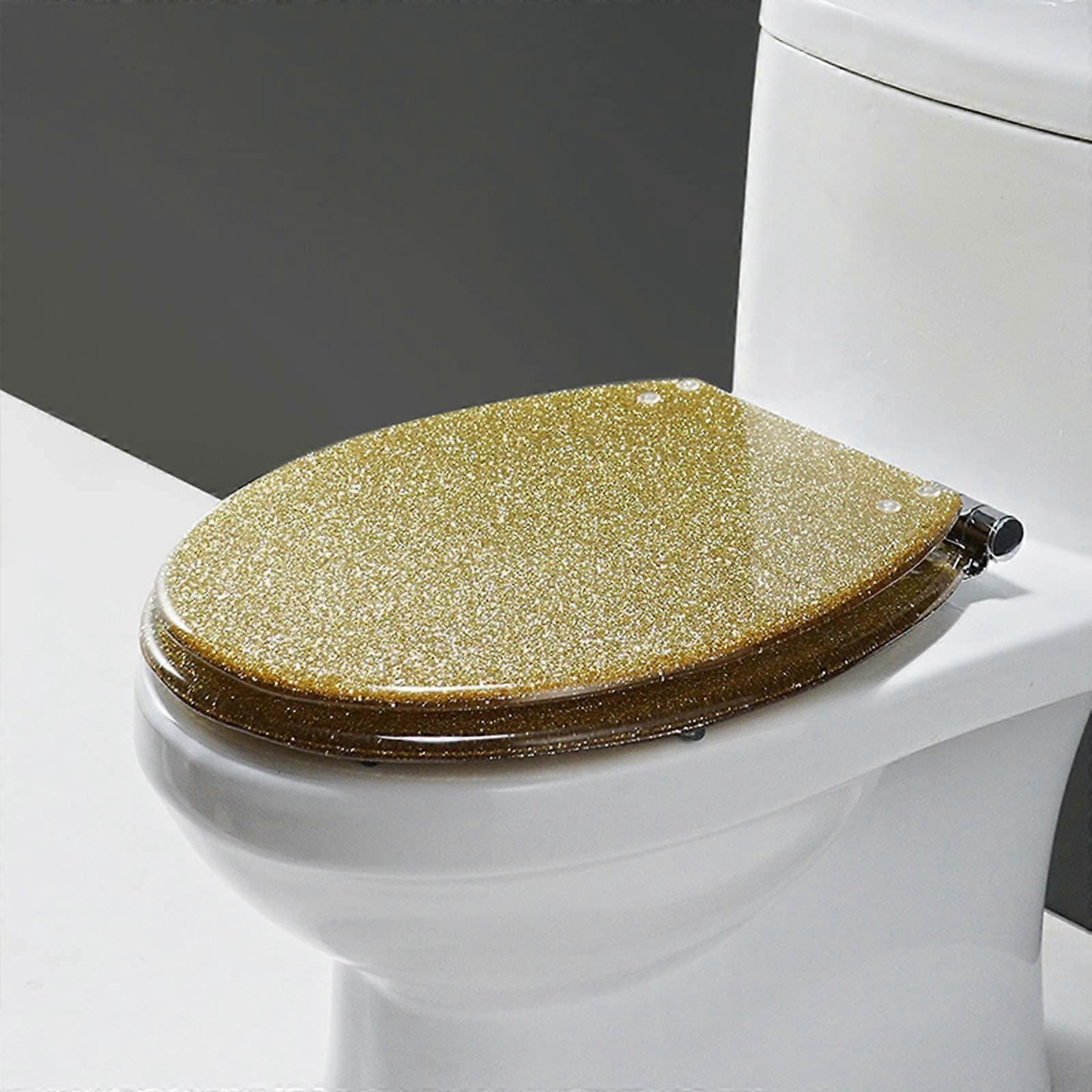 Resin Glitter Toilet Seat Cover Round Oval Soft Close Gold Finish Easy Installation for Bathroom Upgrade