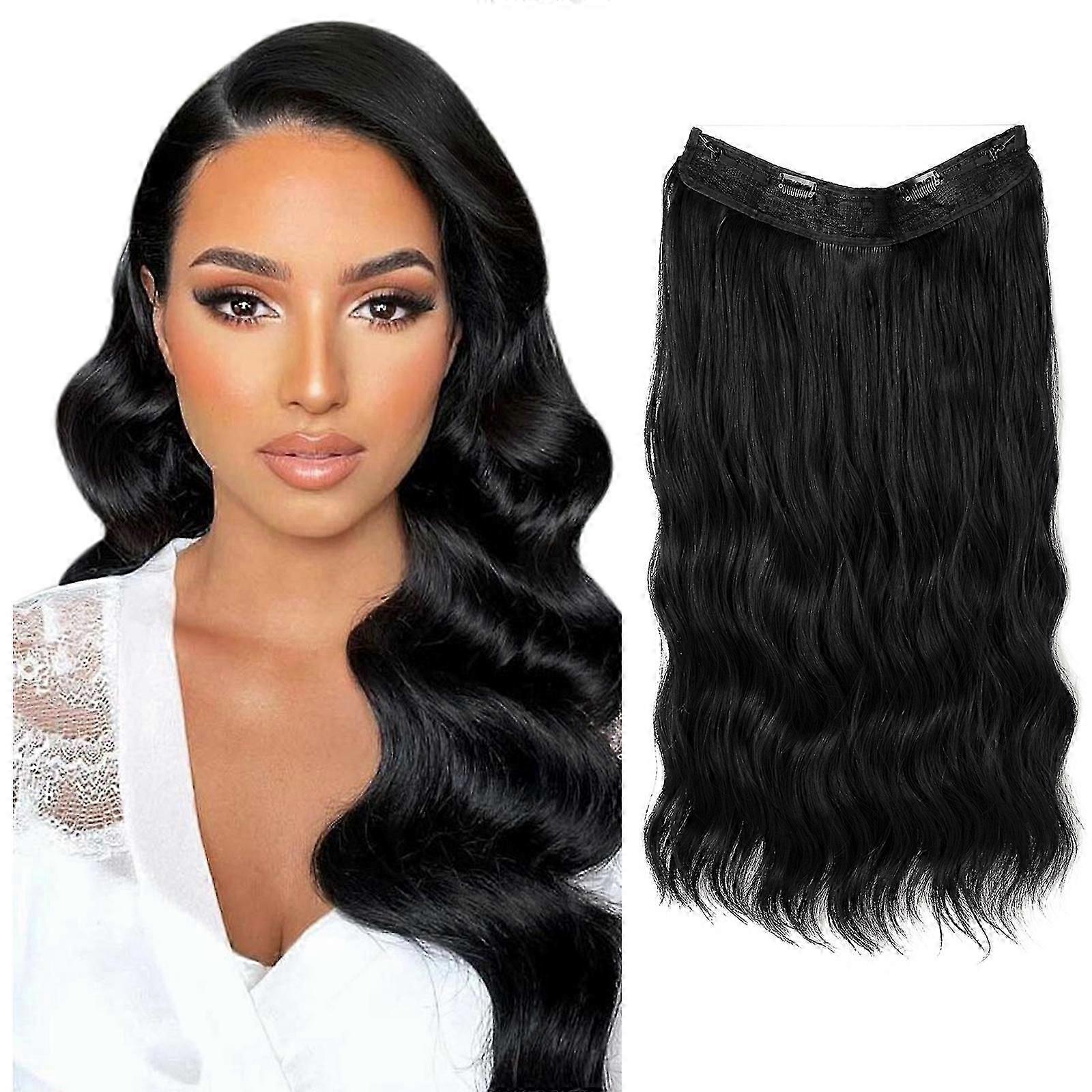 Adjustable Women's Halo Hair Extensions with Invisible Wire, 1B Wavy Curly Long Synthetic Hairpieces