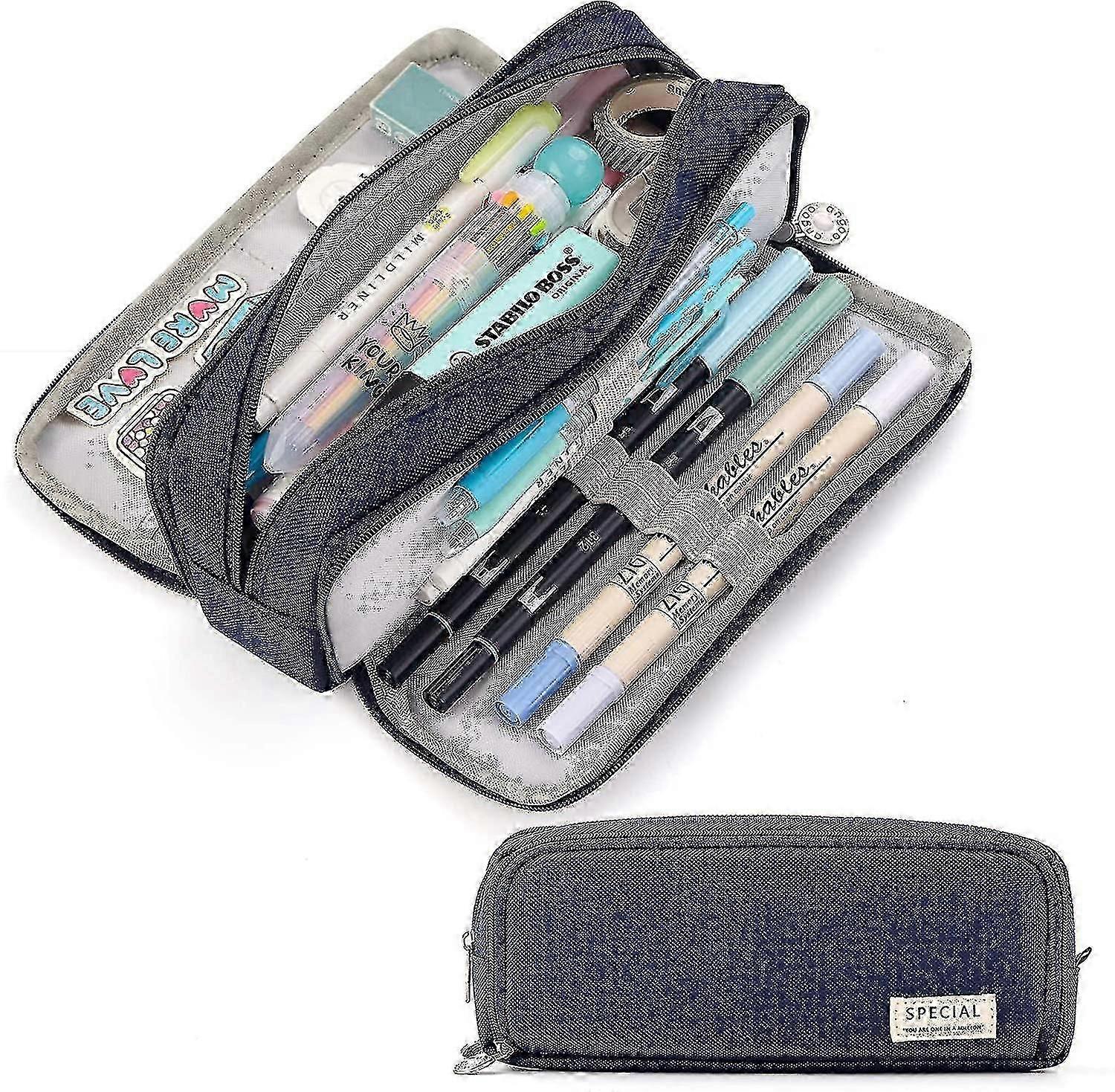 Large Pencil Case Big Capacity 3 Compartments Canvas Pencil Pouch For Students