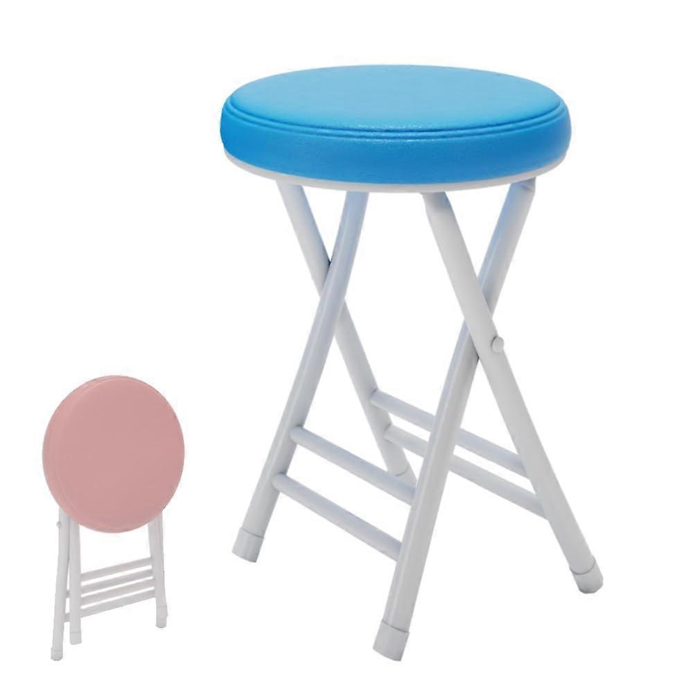 Padded Round Bar Stool Ergonomic 50 Cm Height Foldable Design Blue Counter Chair With Footrest No Assembly Required