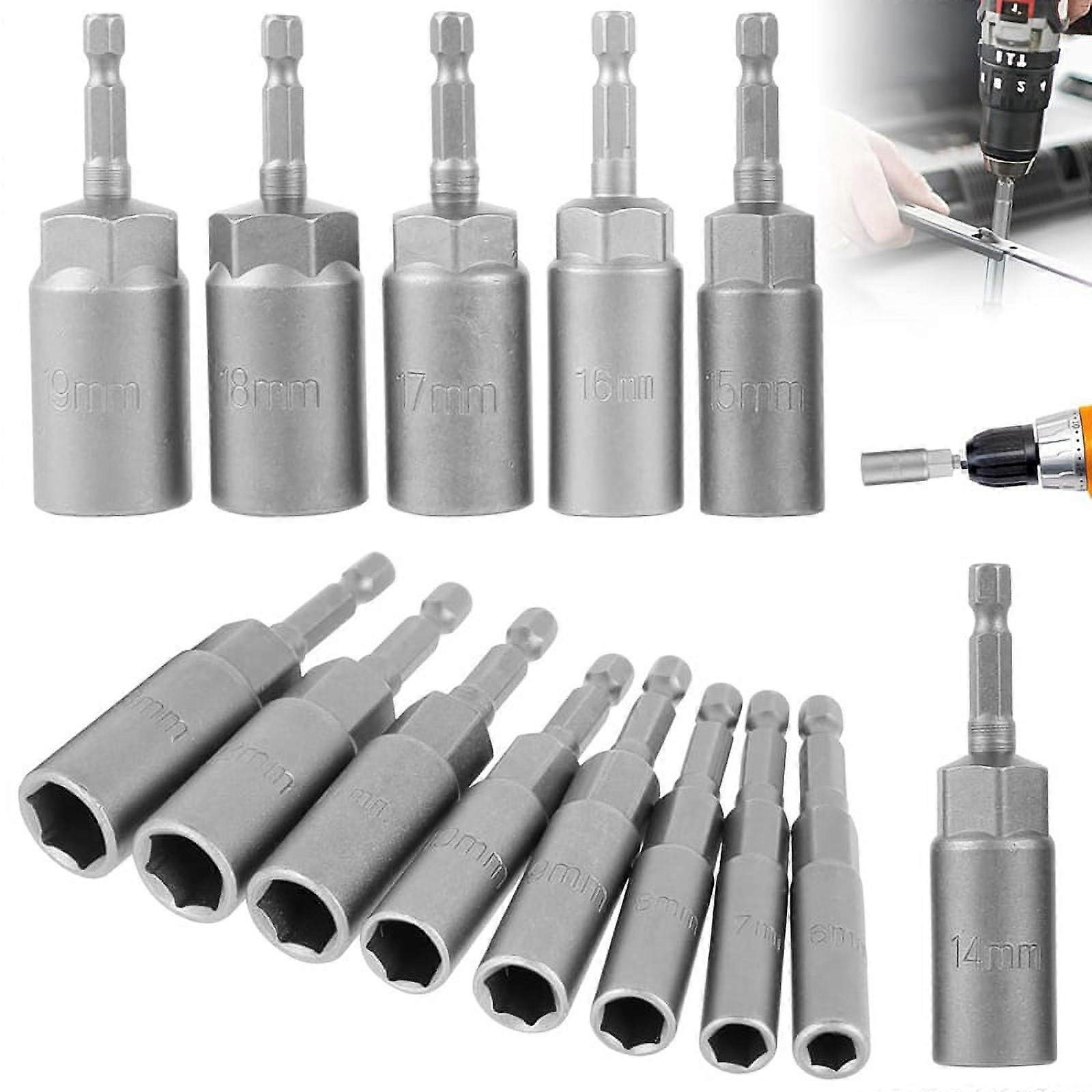 14Pcs Hexagonal Sockets Set, 6-19mm Deep Socket Adapter Kit Hex Nut Driver Bits Set Quick Change Nut Setter