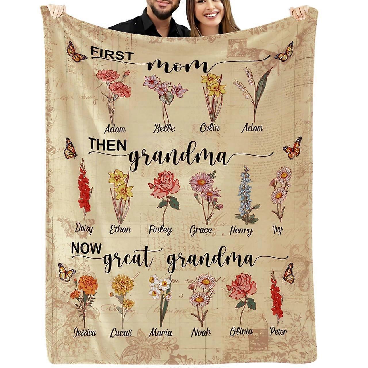 Grandma Blanket with Birth Flowers and Grandkids Names, Custom Sherpa or Plush Gift