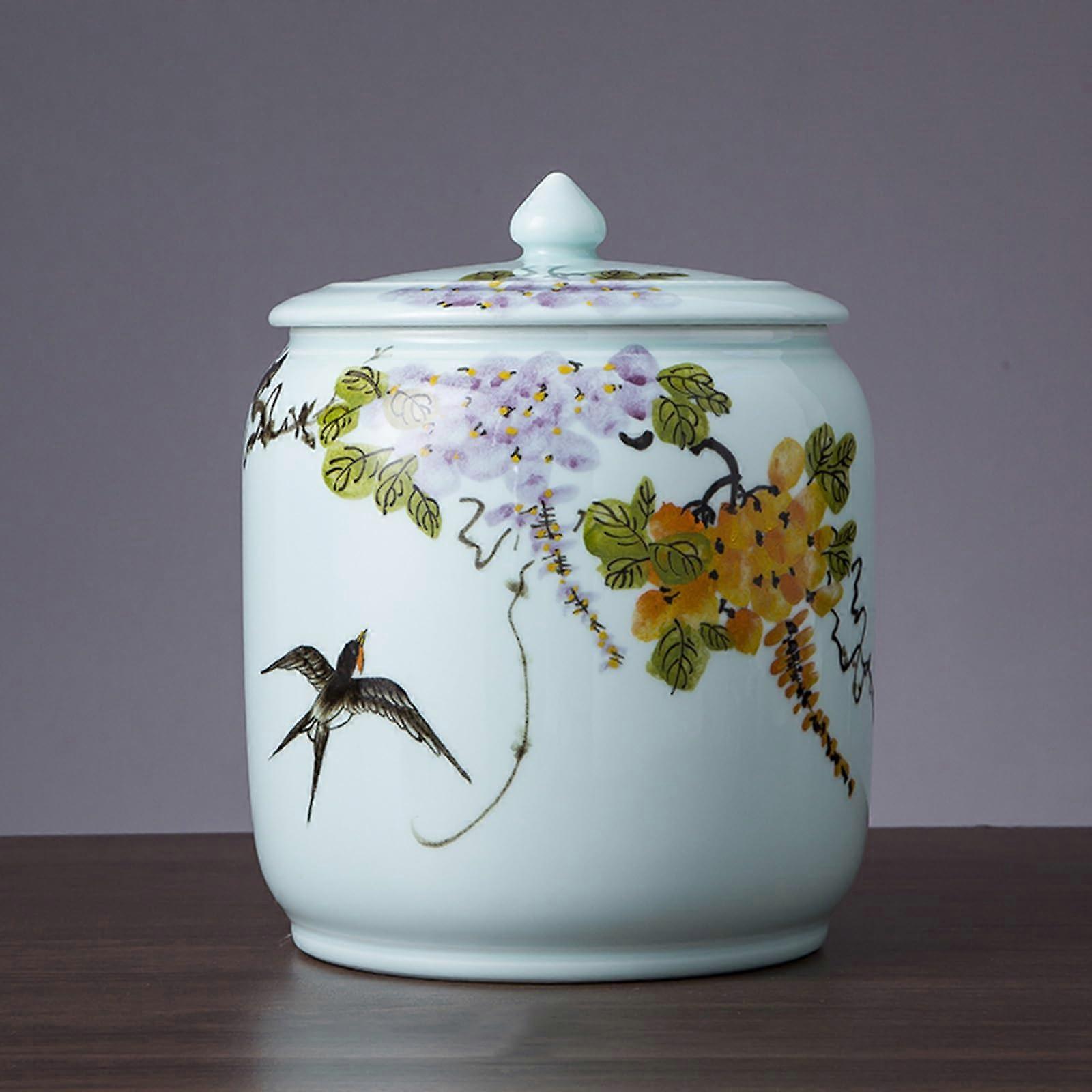 Ceramic Rice Storage Container with Lid, Airtight Large Capacity Porcelain Grain Jar, Vintage Swallows Design