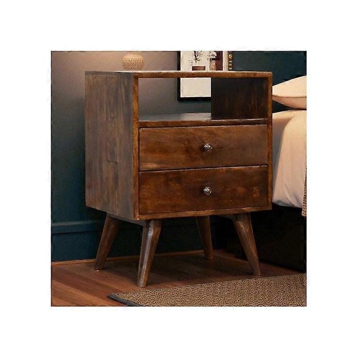 Solid Wood Classic Chestnut Bedside, 2 Drawers and Open Slot, Dark Brown