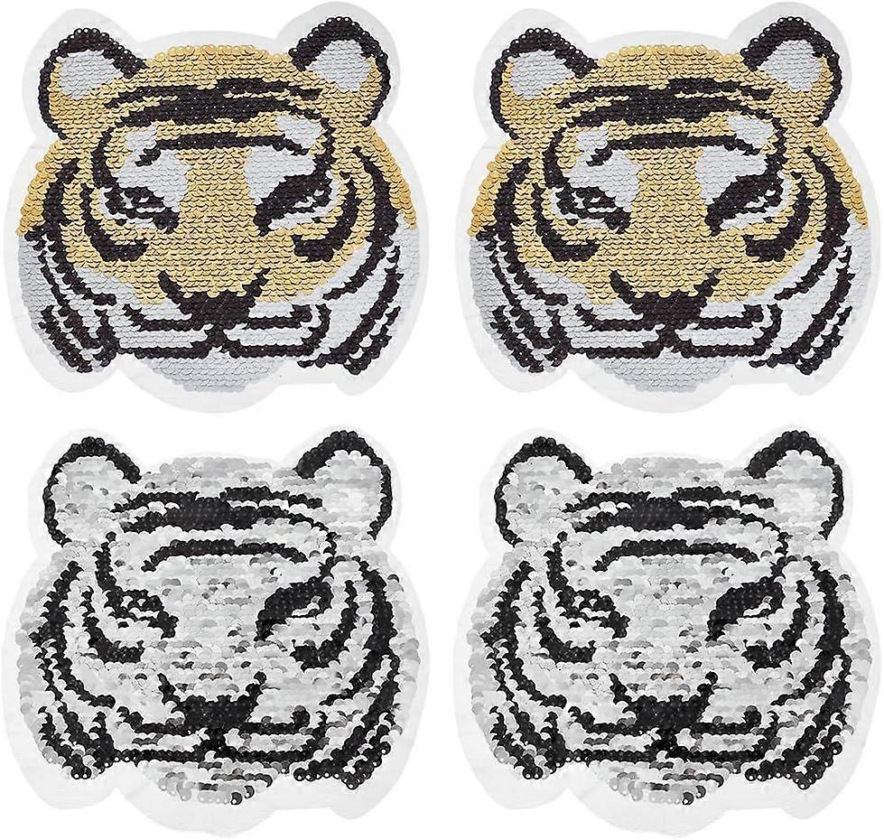 4Pcs Reversible Sequins Tiger Sew on Patches Sew on Tiger Sequins Applique Tiger Face Changing Patch DIY Gliter Tiger Patch for Clothes Jackets Jeans 