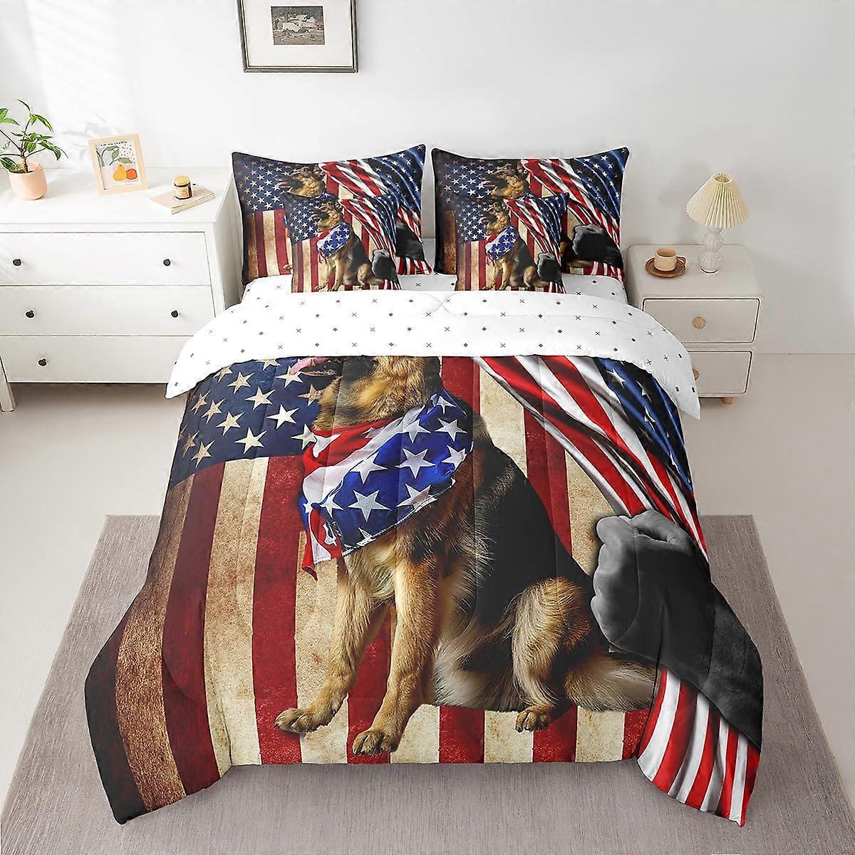 7 Piece German Shepherd King Size Comforter Set with American Flag Print, Soft Microfiber Bedding