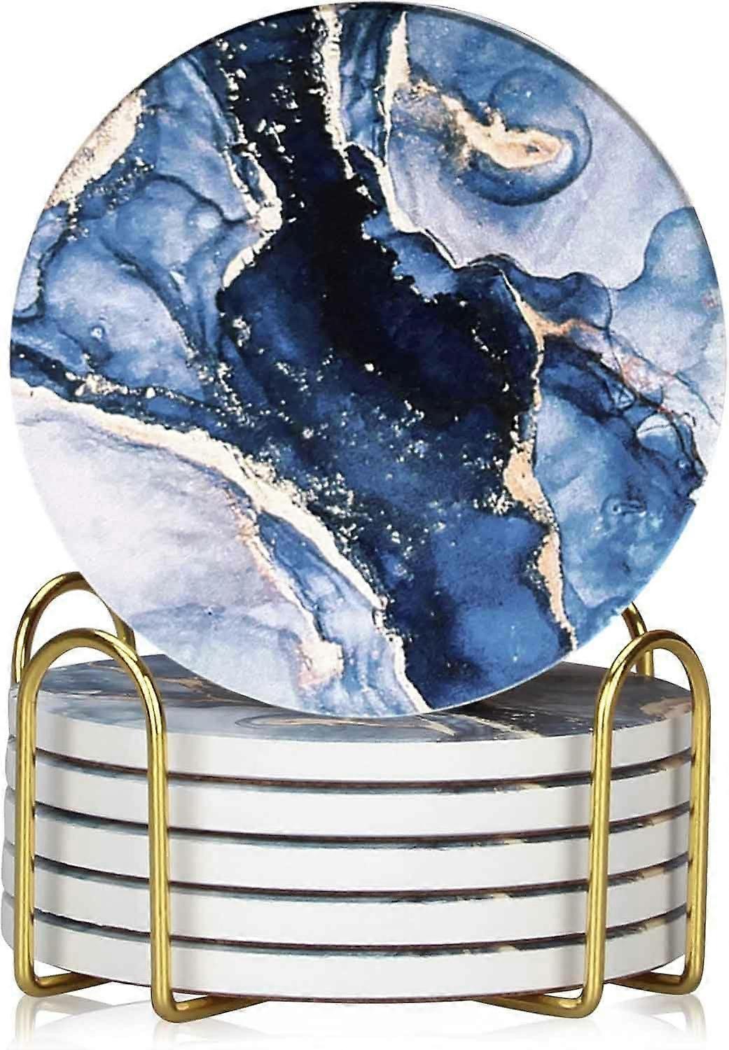 Ceramic Drink Coasters Set with Holder, Absorbent Marble Style, Cork Base, 6 Pack Navy Blue