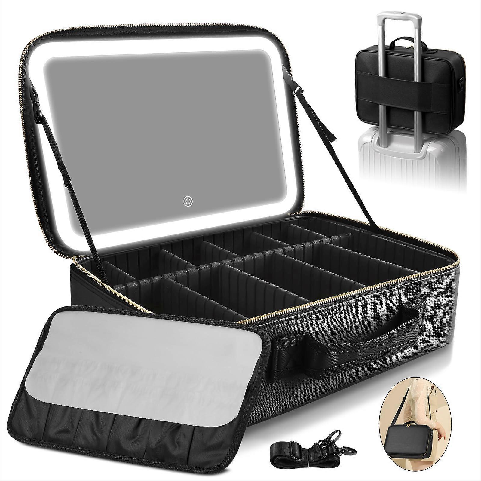 Large Makeup Train Case with LED Mirror, 3 Color Touch Control, Extra Capacity, Adjustable Dividers