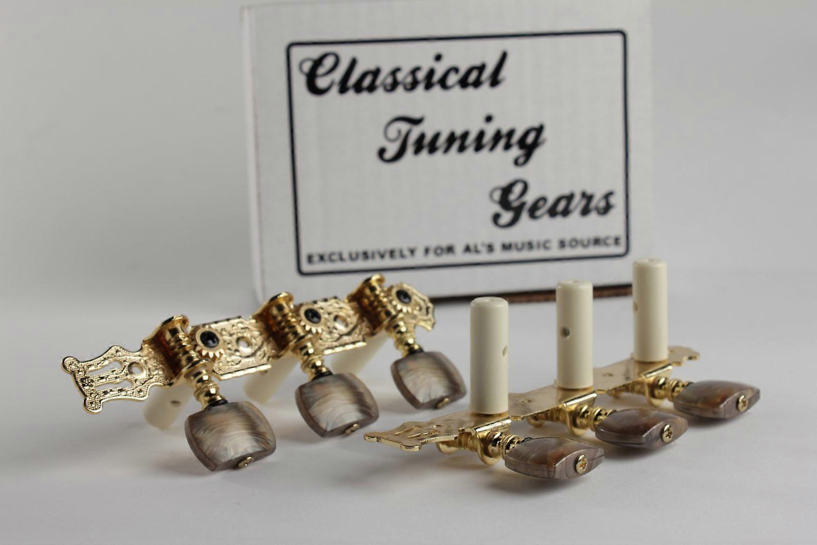 Gold Lyre Style Classical Guitar Tuners with Brown Pearloid Knobs for Accurate Tuning Control