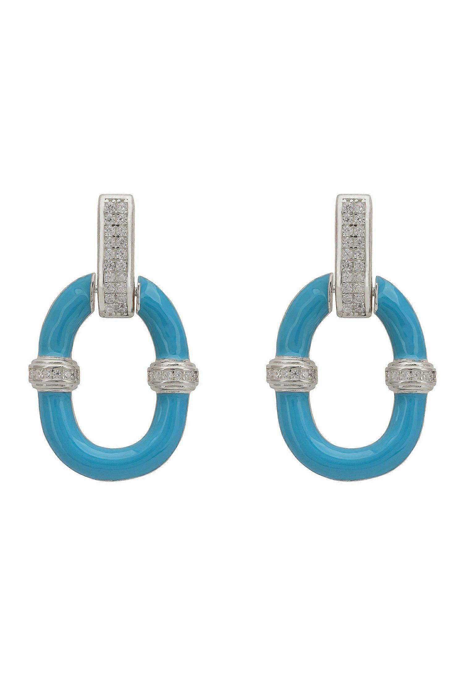 Turquoise Enamel Oval Drop Earrings Silver